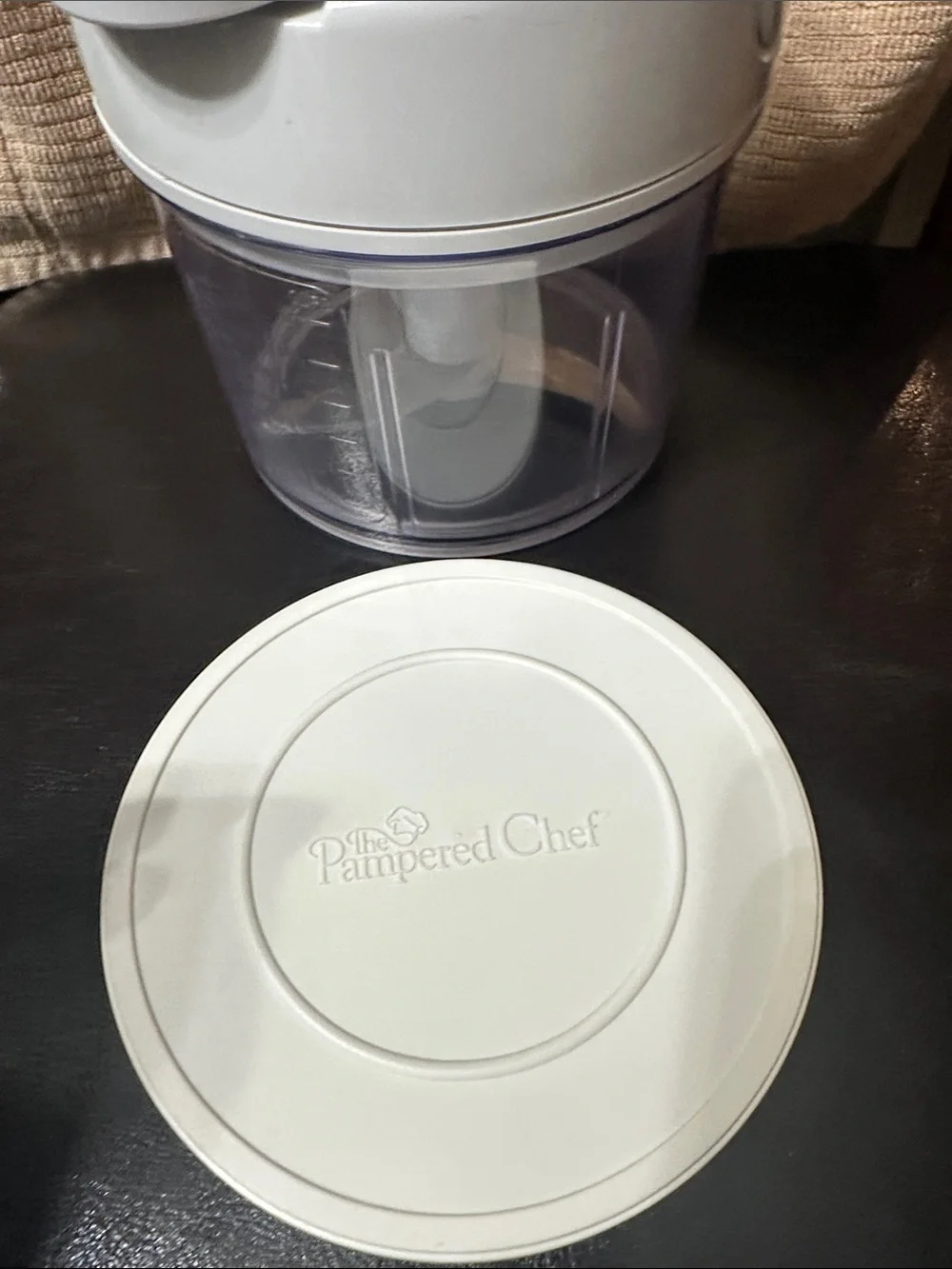 The Pampered Chef White Manual Food Chopper with Clear Bowl and storage lid